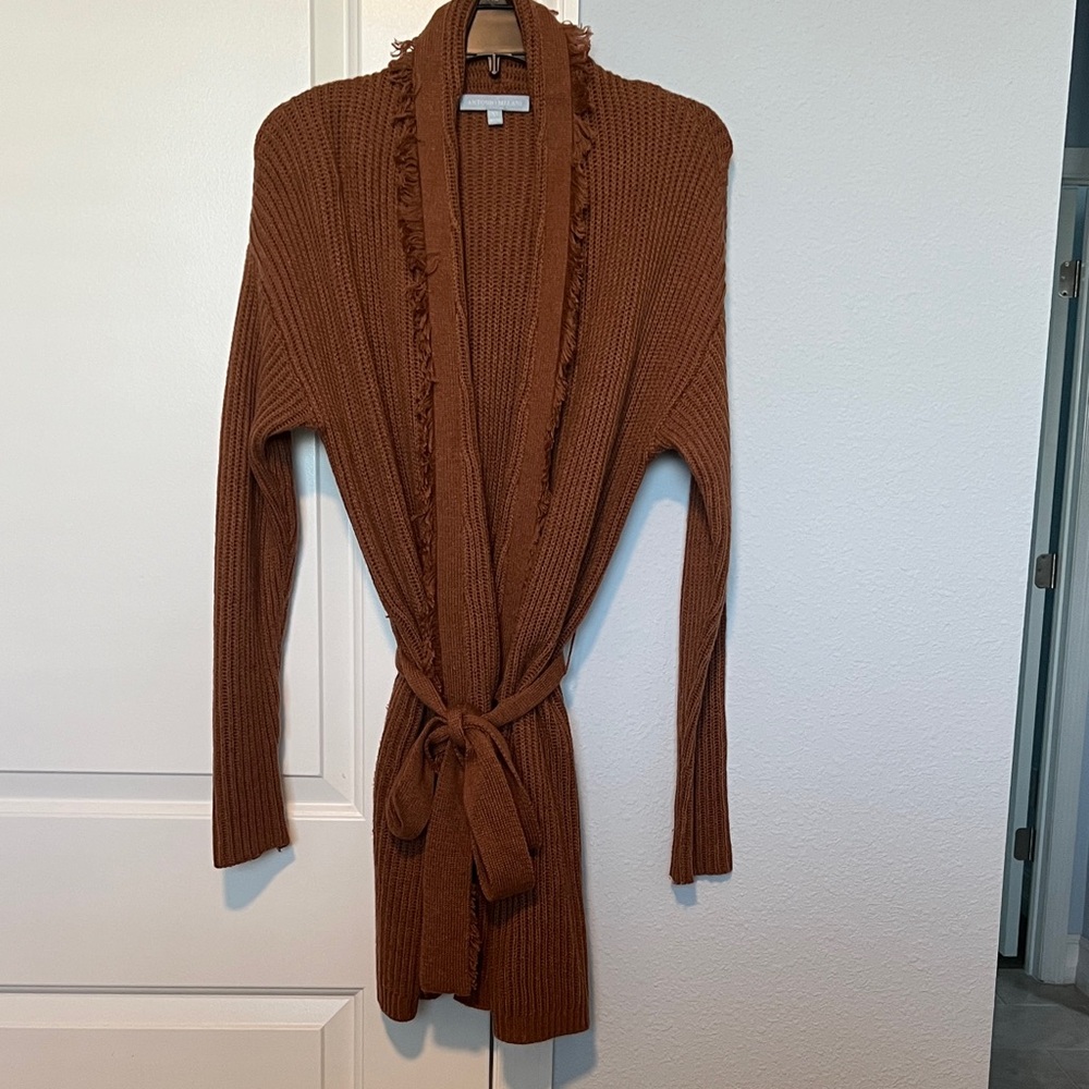ANTONIO MELANI Brown Ribbed Tie-Waist Cardigan